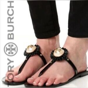 Tory Burch Black Miller Sandals | Gold Logo | Women’s Size 7